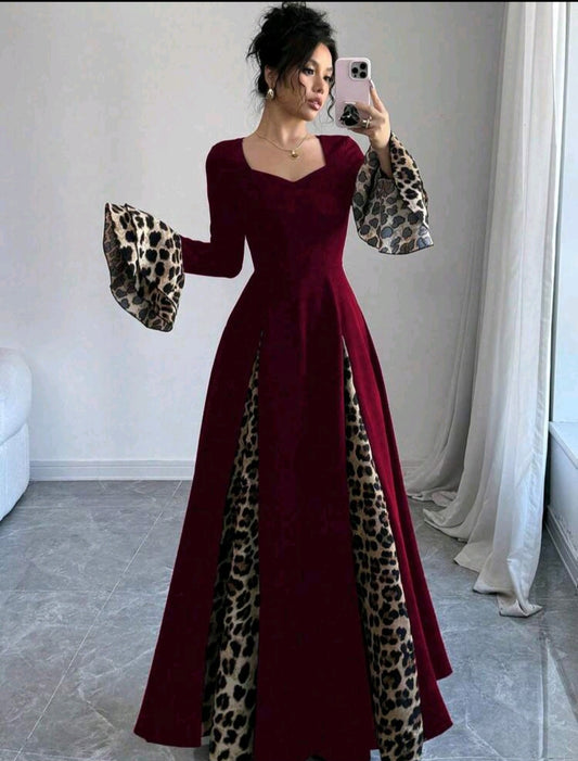 Leopard Pattern Patchwork Flared Sleeve Dress Long Evening Dresses